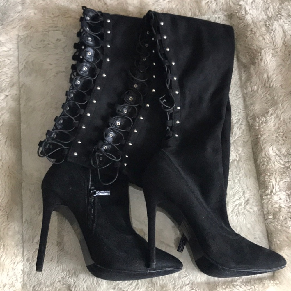 Long Velvet Black 5 inch heeled boots